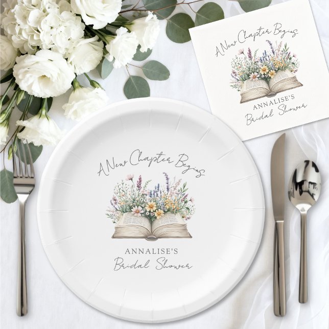 New Chapter Floral Book Bridal Shower Pappteller (New Chapter Floral Book Bridal Shower Paper Plates)