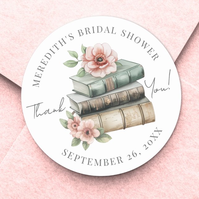 New Chapter Floral Book Bridal Shower Thank You Runder Aufkleber (New Chapter Floral Book Bridal Shower Thank You Classic Round Sticker)
