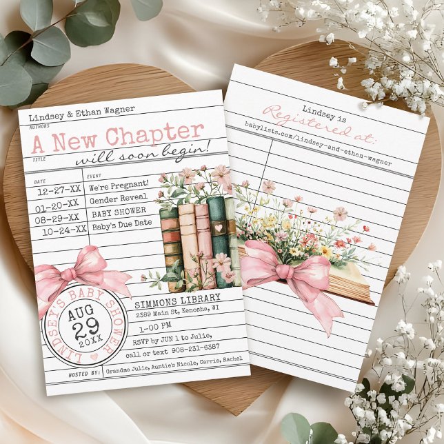 New Chapter Library Card Book Bow Baby Girl Shower Einladung (A New Chapter floral books wildflower pink bows library card cute modern baby girl shower invitation)