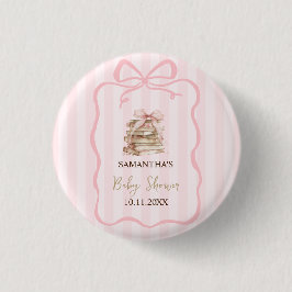 New Chapter Pink Bow Stripes Baby Shower Button