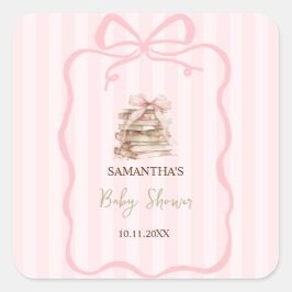 New Chapter Pink Bow Stripes Baby Shower Quadratischer Aufkleber