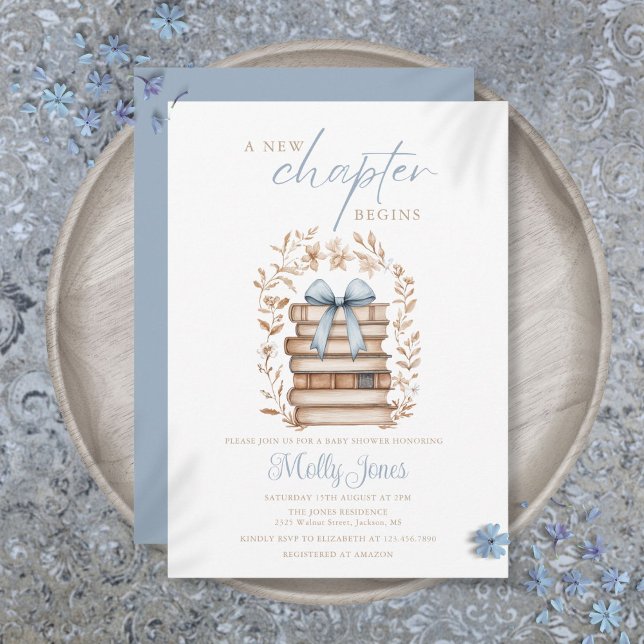 New Chapter Storybook Blue Bow Baby Shower Einladung (New Chapter Storybook Blue Bow Baby Shower Invitation)