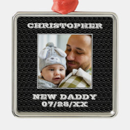 New Dad Black and White Zigzag Foto und Name Ornament Aus Metall