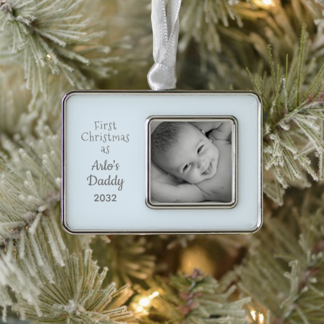 New Dad First Christmas als Daddy Baby Boy Foto Rahmen-Ornament Silber (Baum)