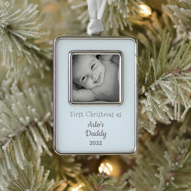 New Dad First Christmas als Daddy Baby Boy Foto Rahmen-Ornament Silber (Baum)