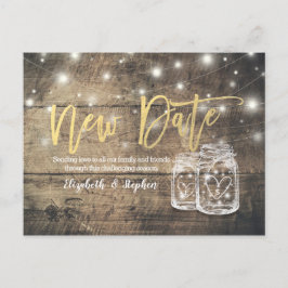 New Date Wedding Postponement Mason Jar Wood Light Ankündigungspostkarte