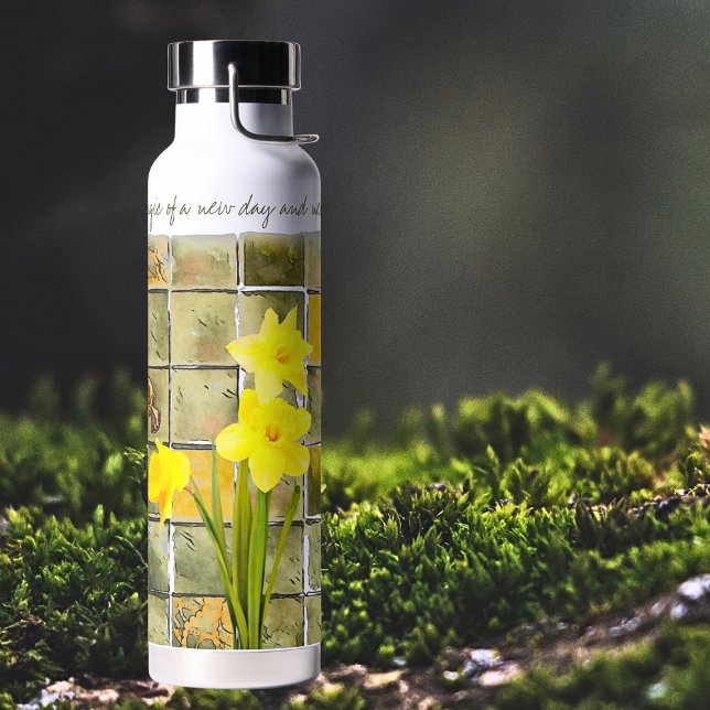 New Day Yellow Daffodien Blume Zitat Trinkflasche (Von Creator hochgeladen)