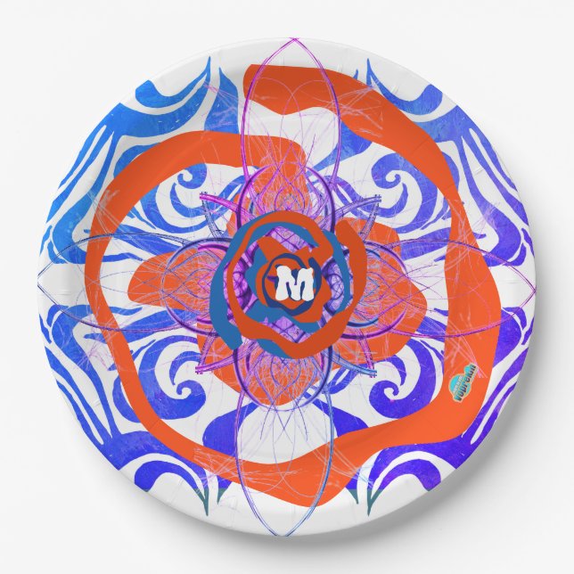 New Deko Monogram Orange Blue Rose Pappteller (Vorderseite)