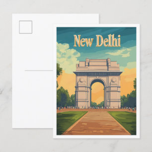 New Delhi India Vintage Travel Illustration Postkarte