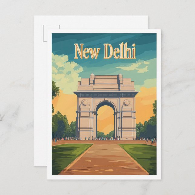 New Delhi India Vintage Travel Illustration Postkarte (Vorne/Hinten)