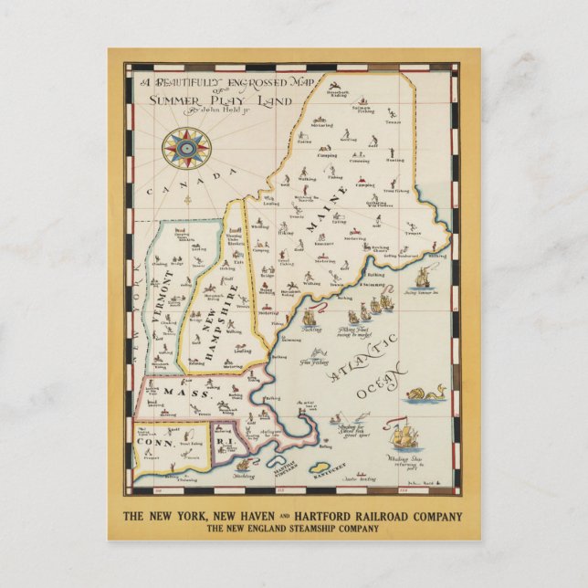 New England Map Travel Poster Postkarte (Vorderseite)
