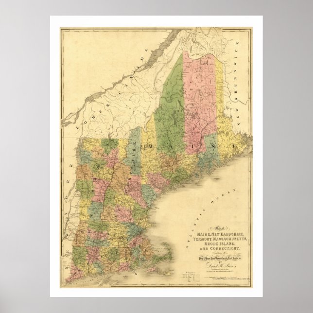 New England Staaten Karte 1839 Poster (Vorne)