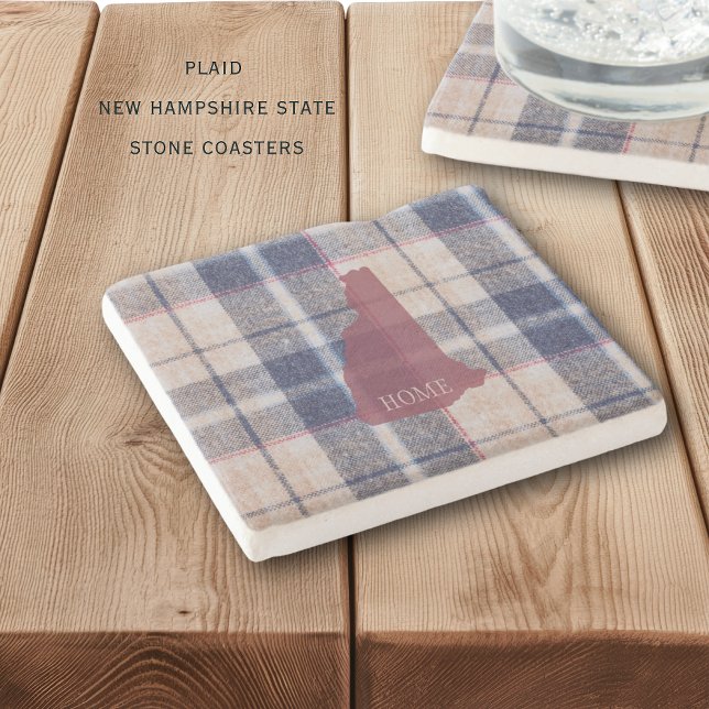 New Hampshire Plaid Personalized Stone Coaster Steinuntersetzer (Beautiful stone coasters with New Hampshire and fuzzy plaid backround, personalized)