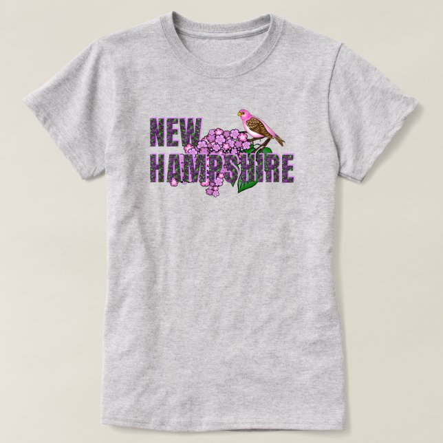 New Hampshire State Symbols Purple Finch & Lilacs T-Shirt (Design vorne)