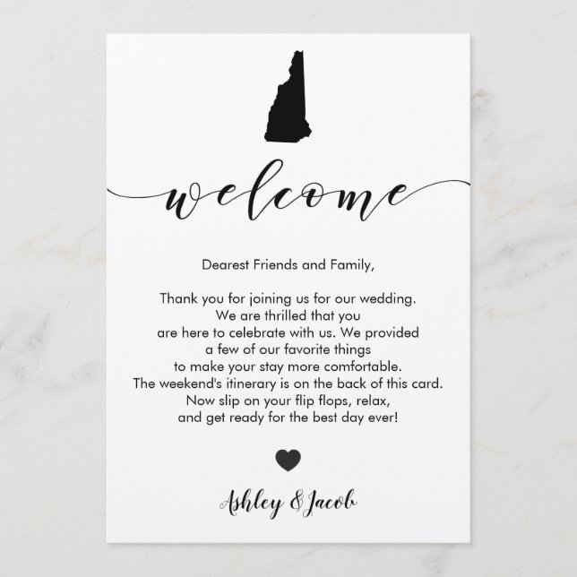 New Hampshire Wedding Welcome Letter & Itinerary Programm (Vorderseite)