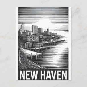 New Haven Connecticut Skyline Schwarz Weiß Holzsch Feiertagspostkarte