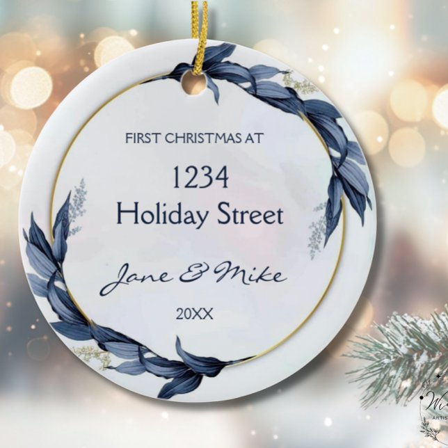 New Home Blue Floral First Home Christmas  Keramik Ornament (Von Creator hochgeladen)