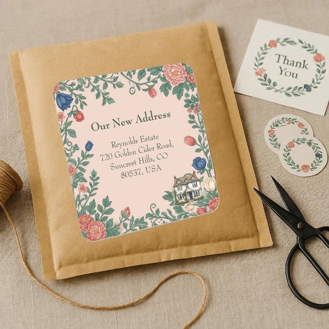 New House Address William Morris Inspired Greenery Quadratischer Aufkleber (New House Address William Morris Inspired Greenery Square Sticker)