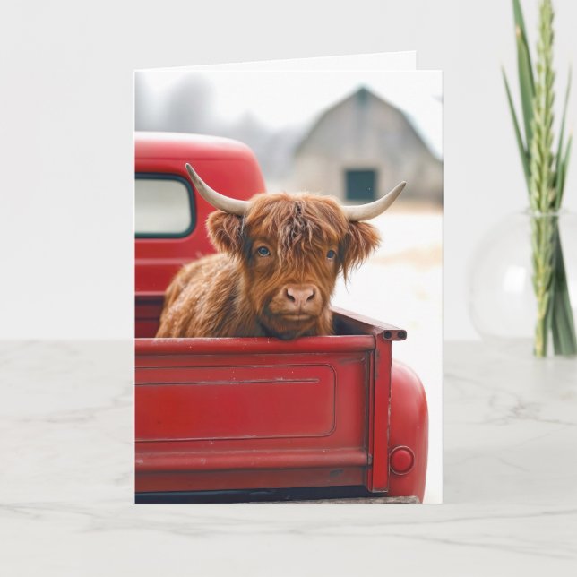 New House Highland Cow In a Red Retro Pickup Truck Karte (Vorderseite)