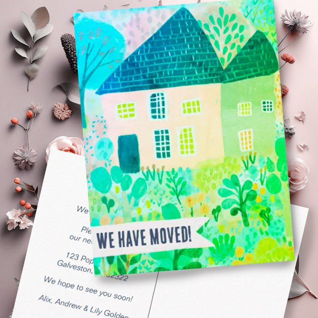 New House Moving Announcement Change Address Sweet Postkarte (Moving announcement address change postcard with watercolor house and garden. Customize it!)