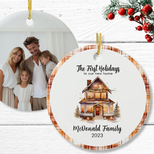 New House Orange Brown Gingham Boho Keramik Ornament