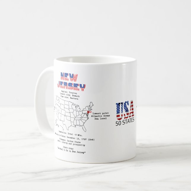 New Jersey American Staat auf einer Karte und nütz Kaffeetasse (Vorderseite Links)