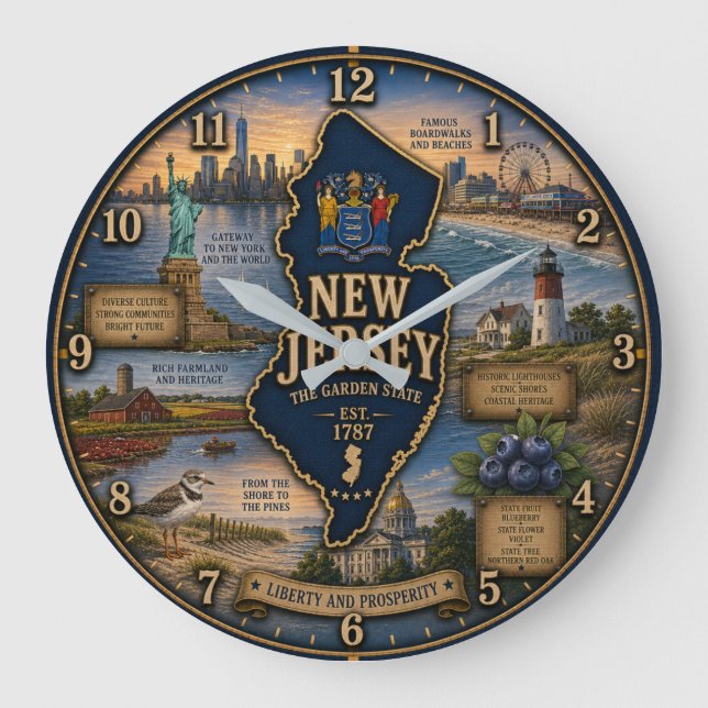 New Jersey Garden State Coastal  Lighthouse Rustic Große Wanduhr (Vorderseite)