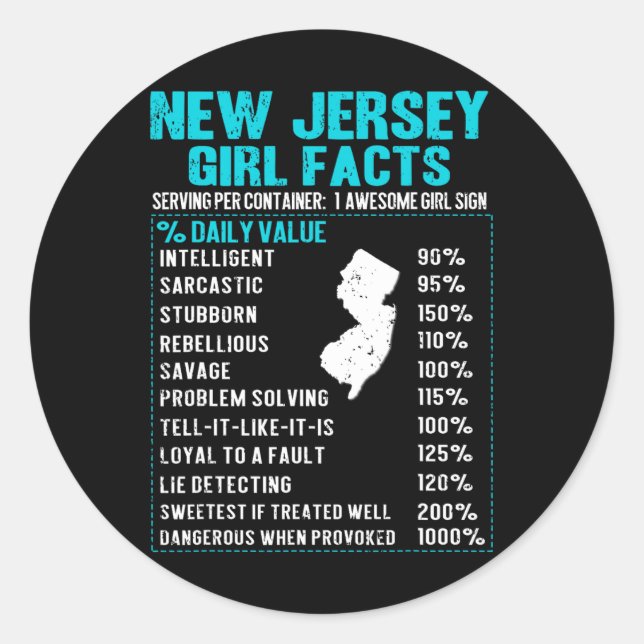 New Jersey Girl Facts Funny Birthday Gift Born In  Runder Aufkleber (Vorderseite)