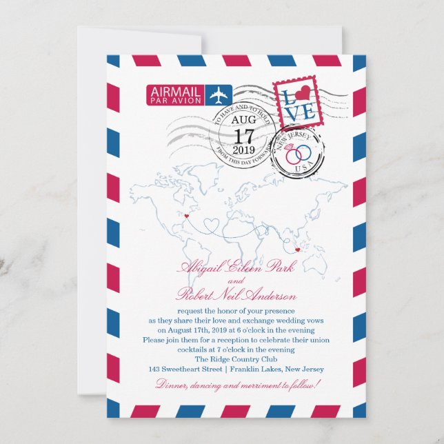New Jersey & Indonesia Airmail Wedding Einladung (Vorderseite)