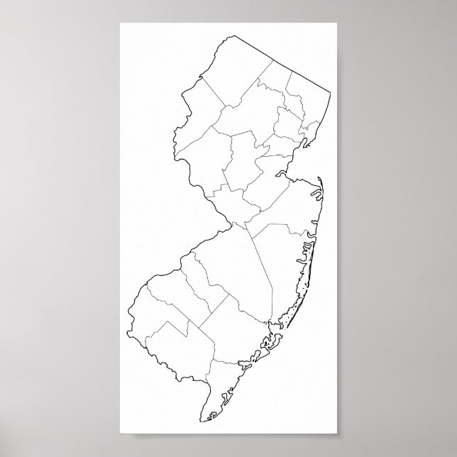 New Jersey Landkreises Blank Kontur Map Poster (Vorne)