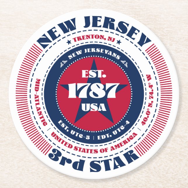 New Jersey Red White Blue Typografy Paper Unterset Runder Pappuntersetzer (Vorderseite)
