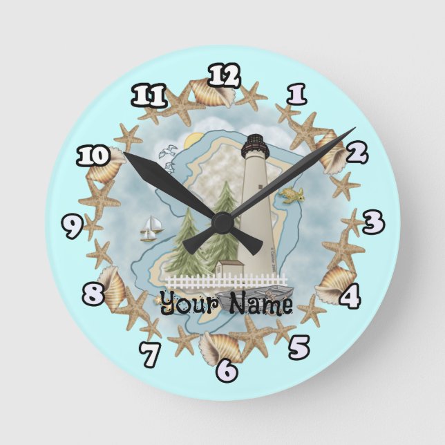 New Jersey Shells Leuchtturm-Uhr Runde Wanduhr (Vorderseite)