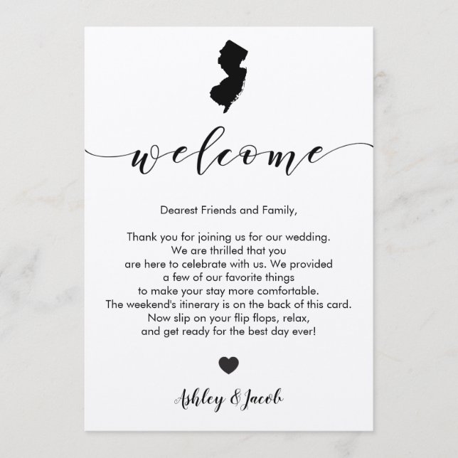 New Jersey Wedding Welcome Letter & Itinerary Card Programm (Vorderseite)