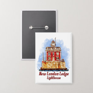New London Ledge Lighthouse Watercolor Connecticut Button
