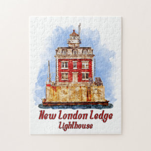 New London Ledge Lighthouse Watercolor Connecticut Puzzle