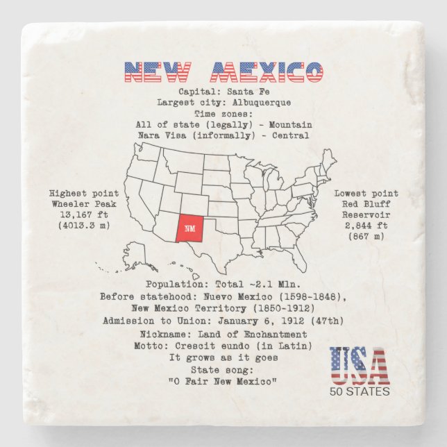 New Mexico American Staat auf der Karte und nützli Steinuntersetzer (Vorderseite)