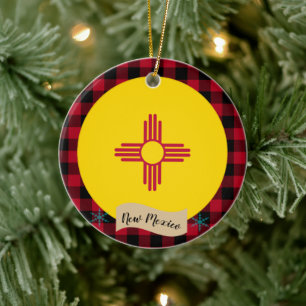 New Mexico, Red Buffalo kariert & New Mexico Flag Keramik Ornament