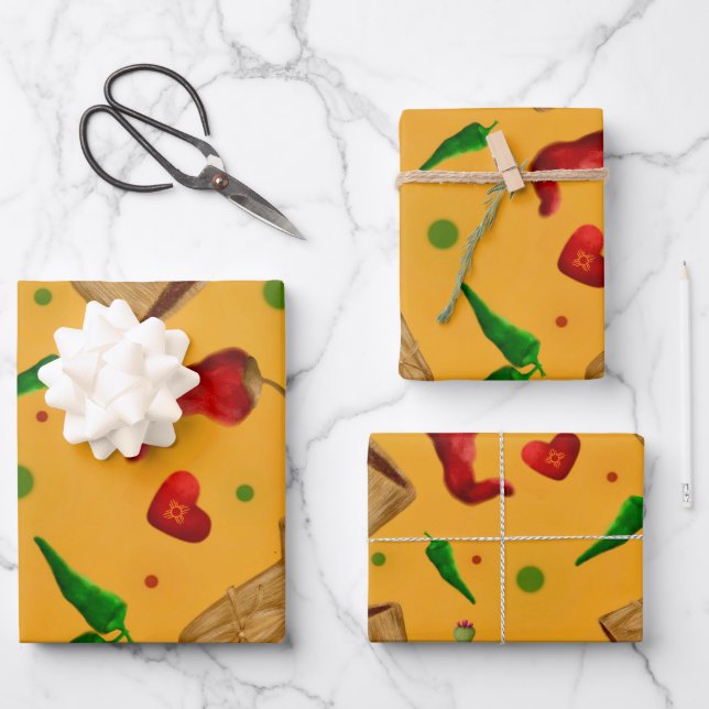 New Mexico Red & Green Chile Tamales Zia Nopales Geschenkpapier Set (Vorderseite)