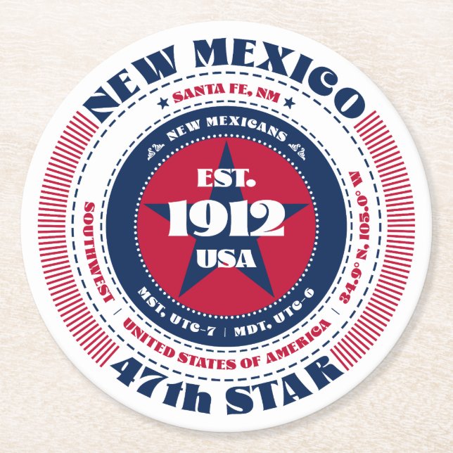 New Mexico Red White Blue Typografy Runder Pappuntersetzer (Vorderseite)