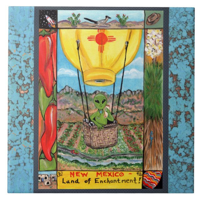 New Mexico Souvenir Alien Balloon Zia Tile Trivet Fliese (Vorderseite)