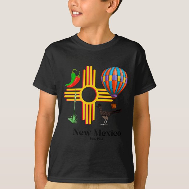 New Mexico Zia_ Chiles, Balloon, Roadrunner, Yucca T-Shirt (Vorderseite)