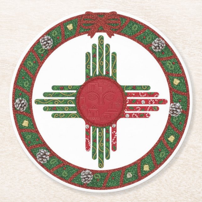 New Mexico Zia Sun Christmas Runder Pappuntersetzer (Vorderseite)
