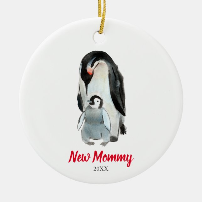 New Mommy Penguin Newborn Baby's First Christmas Keramik Ornament (Vorne)