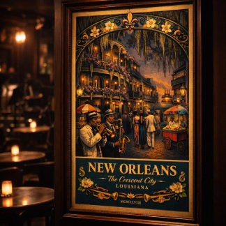 New Orleans Jazz Nacht Vintage Reiseplakat Druck Poster