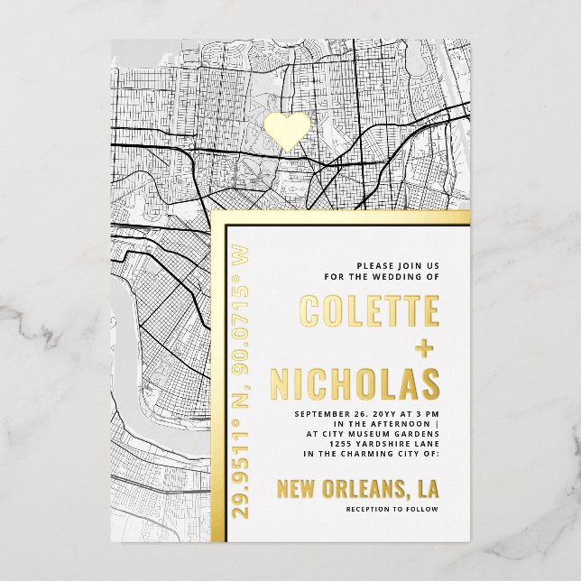 New Orleans Liebe Locator | Städtische Hochzeit Folieneinladung (Vorderseite)