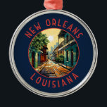 New Orleans Louisiana Retro Distressed Circle Ornament Aus Metall<br><div class="desc">New Orleans Retro Vektor Reise Design. Das "Big Easy" heißt es,  es ist bekannt für sein rund um die Uhr geöffnetes Nachtleben,  die lebendige Live-Musik-Szene und die würzige,  einzigartige Küche,  die seine Geschichte als Schmelztiegel der französischen,  afrikanischen und amerikanischen Kulturen widerspiegelt.</div>