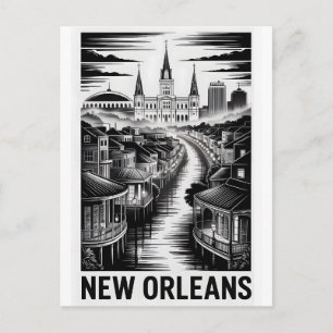 New Orleans Louisiana Skyline Schwarz Weiß Holzsch Feiertagspostkarte