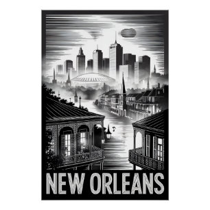 New Orleans Louisiana Skyline Schwarz Weiß Holzsch Poster