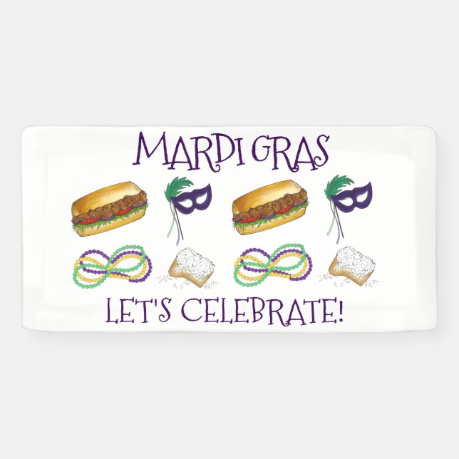 New Orleans Mardi Gras Beignet Beads Maske Po'Boy Banner (Horizontal)