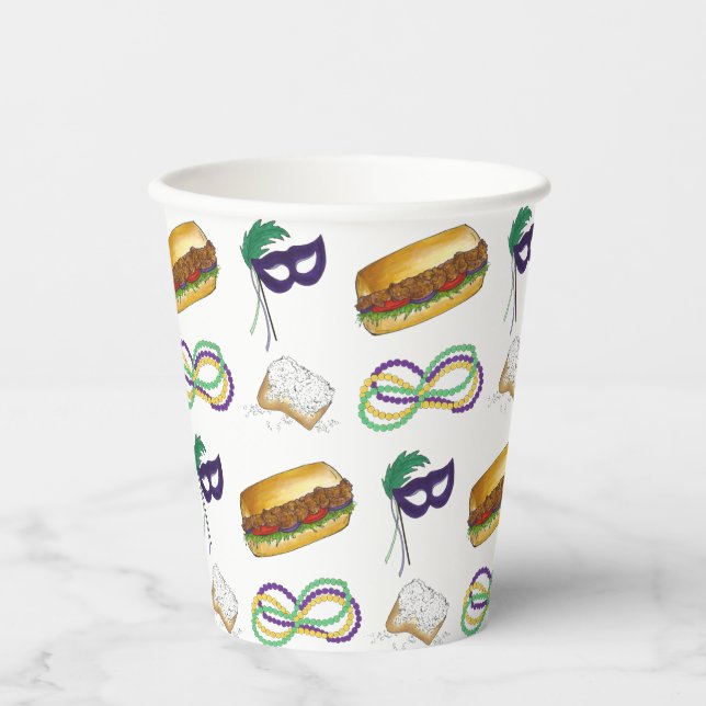 New Orleans Mardi Gras Beignet Beads Maske Po'Boy Pappbecher (Vorderseite)